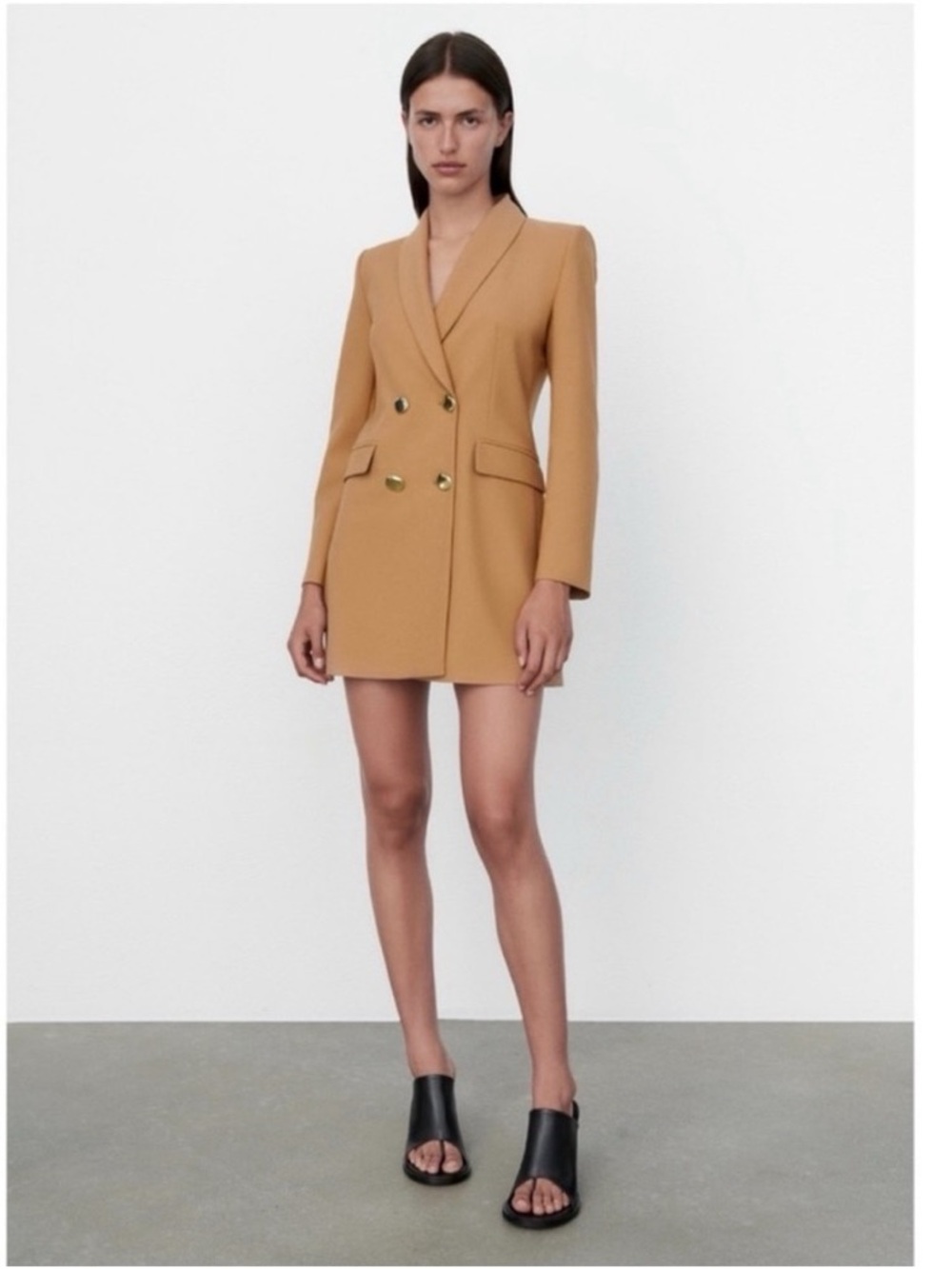 Zara Tailored Double-Breasted Camel Blazer Dress